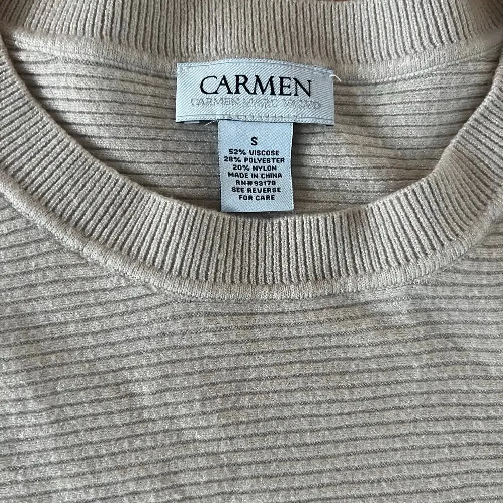 Carmen Marc Valvo Oatmeal Neutral Ribbed Knit Zipper Sleeve Sweater | S - Picture 3 of 6